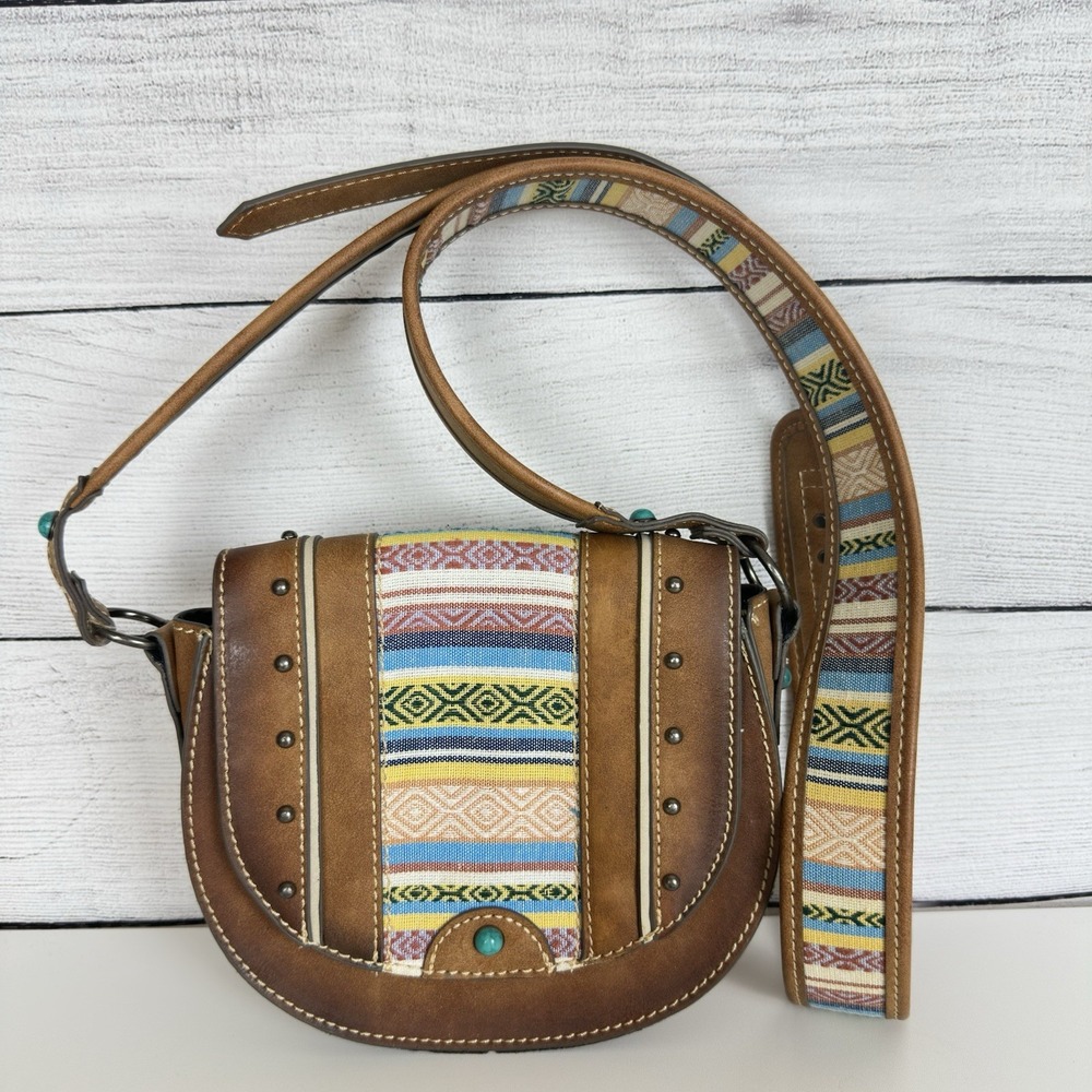Tony Lama Woven Accent Colorful SaddleBag Leather Southwestern Crossbody‎ Purse